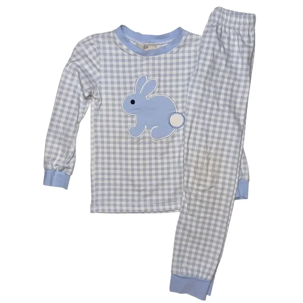 Smockingbird 5Y pajama set blue gingham bunny